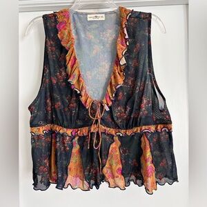 Natural Life Sheer Floral Ruffle Blouse in Black and Orange